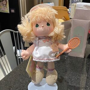 Precious Moments Blonde Doll in White Tennis Outfit with stand